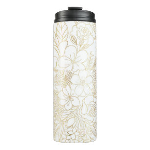 Modern Gold White Floral Doodles line art Thermosbeker