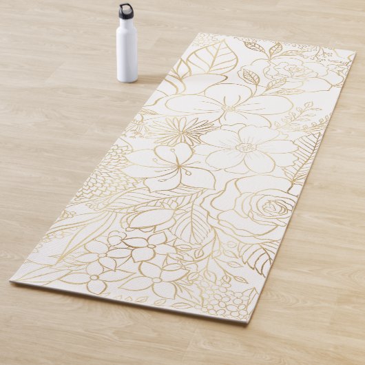Modern Gold White Floral Doodles line art Yogamat (In situ)