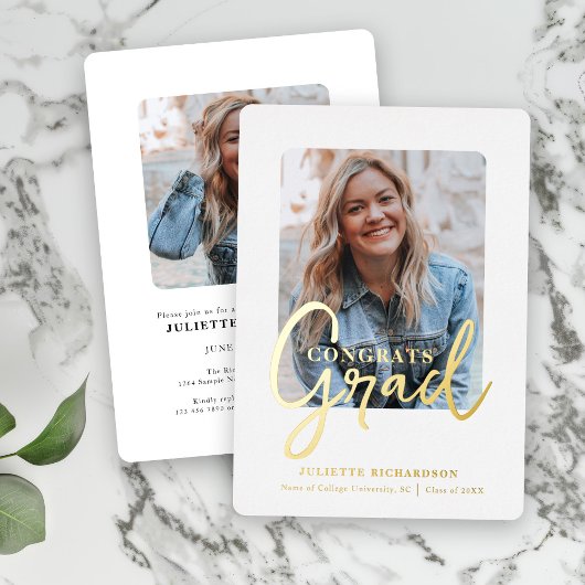 Modern Gold White Photo College Afstudeerfeest Folie Uitnodiging