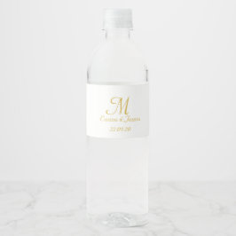 Modern Gold White Script Monogram Weddenschap Waterfles Etiket