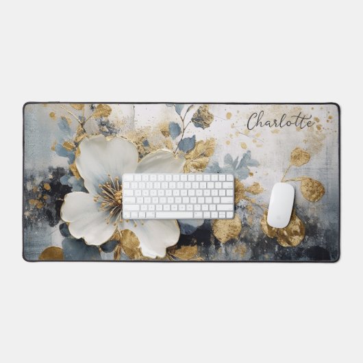 Modern Golden Abstract Floral Gepersonaliseerde na Bureaumat (Keyboard & Muis)