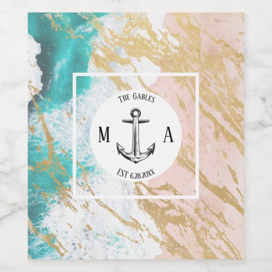 Modern Golden Beach Anchor Monogram Wijn Etiket (Enkel label)