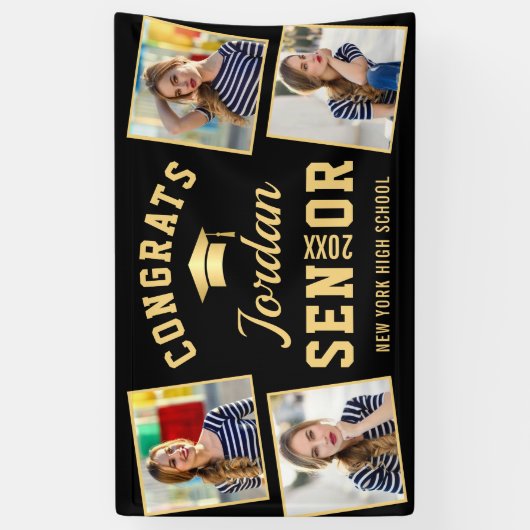 Modern Golden Black Afstuderen Klasse van 2024 FOT Spandoek (Verticaal)