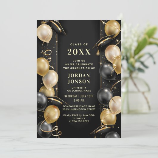 Modern Golden Black Afstuderen Pet Party Foto Kaart (Staand voorkant)