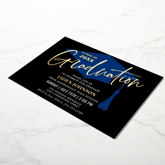 Modern Golden Black Graduation Party Folie Uitnodiging (Gedraaid)