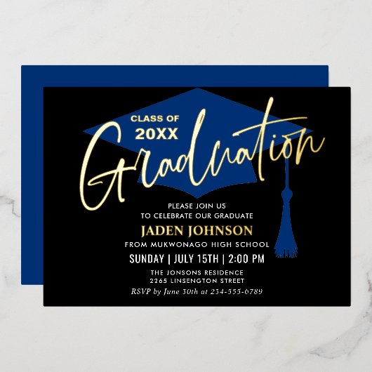 Modern Golden Black Graduation Party Folie Uitnodiging (Voorkant / Achterkant)