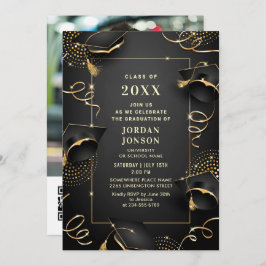 Modern Golden Black Graduation Party Foto QR code Kaart