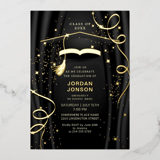 Modern Golden Black Graduation Party Gold Folie Uitnodiging (Voorkant)