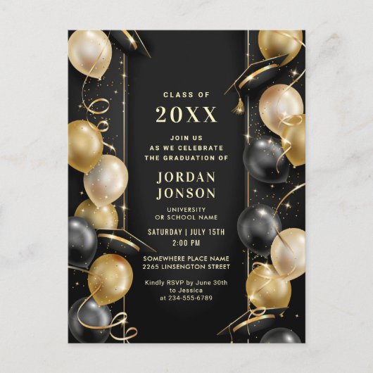 Modern Golden Black Graduation Party Invitation Briefkaart (Voorkant)