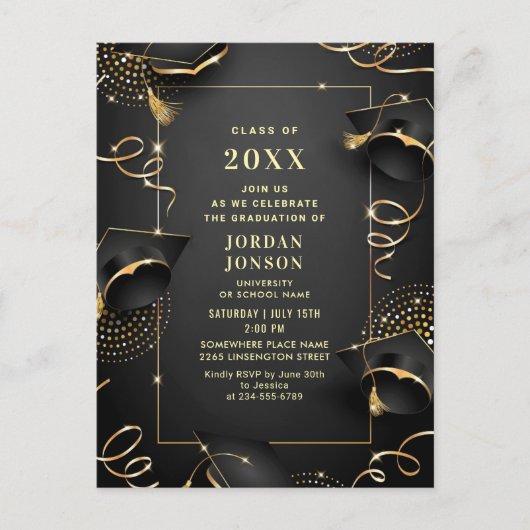 Modern Golden Black Graduation Party Invitation Briefkaart (Voorkant)