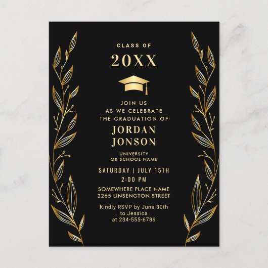 Modern Golden Black Graduation Party Invitation QR Briefkaart (Voorkant)