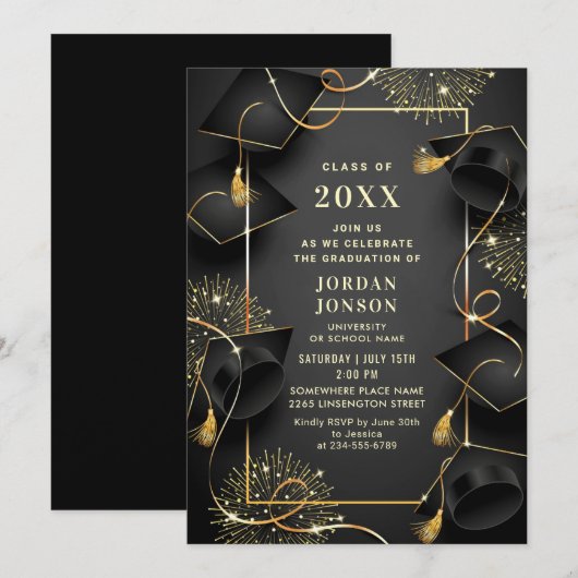Modern Golden Black Graduation Party Kaart (Voorkant / Achterkant)