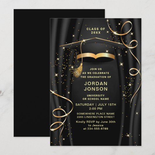 Modern Golden Black Graduation Party Kaart (Voorkant / Achterkant)