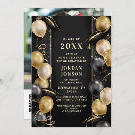 Modern Golden Black Graduation Party QR code Foto Kaart