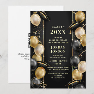 Modern Golden Black Graduation Party QR code Kaart