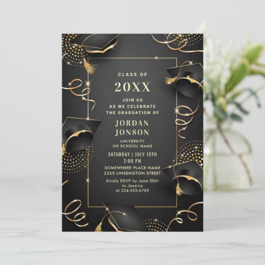 Modern Golden Black Graduation Party QR code Kaart (Staand voorkant)