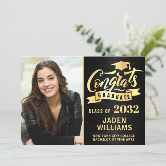 Modern Golden Black PHOTO Afstuderen Kaart (Staand voorkant)