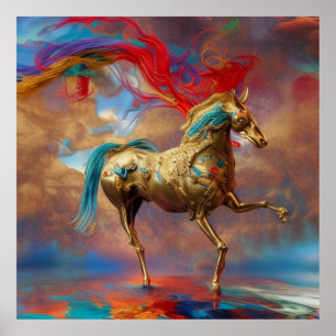 Modern Golden blauwgroen en rood paard abstract Poster