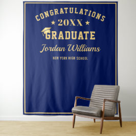 Modern Golden Blue Afstuderen Photo Booth Backdrop Wandkleed