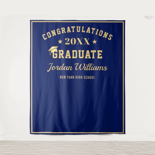 Modern Golden Blue Afstuderen Photo Booth Backdrop Wandkleed (Voorkant)