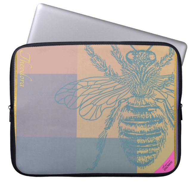 Modern Golden Blue Bee Laptop Sleeve (Voorkant)