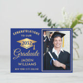 Modern Golden Blue FOTO-Afstuderen Kaart (Staand voorkant)