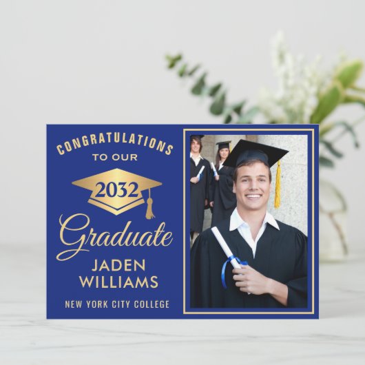 Modern Golden Blue FOTO-Afstuderen Kaart (Staand voorkant)