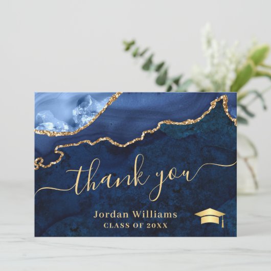Modern Golden Blue Marble Agate Afstuderen Bedankkaart (Staand voorkant)