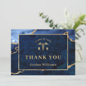 Modern Golden Blue Marble Agate RN Afstuderen Bedankkaart (Staand voorkant)