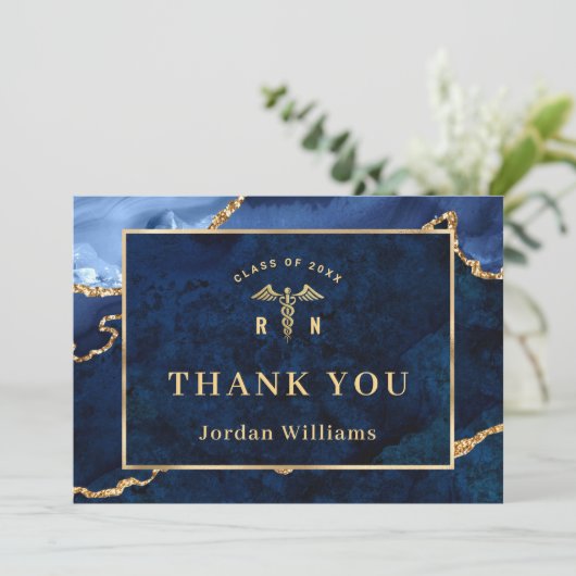 Modern Golden Blue Marble Agate RN Afstuderen Bedankkaart (Staand voorkant)
