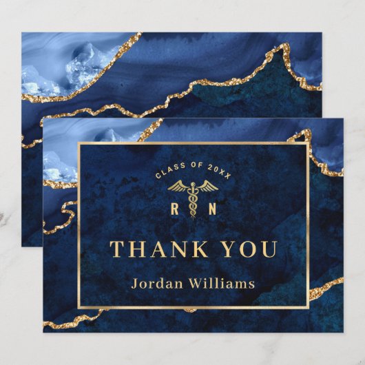 Modern Golden Blue Marble Agate RN Afstuderen Bedankkaart (Voorkant / Achterkant)