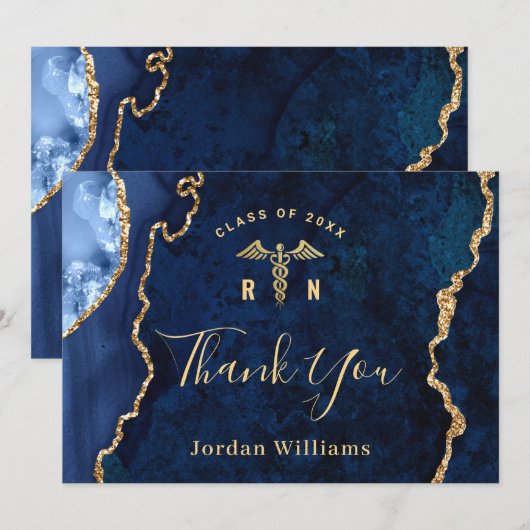 Modern Golden Blue Marble RN Nursing Afstuderen Bedankkaart (Voorkant / Achterkant)