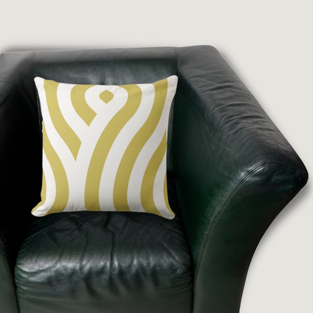 Modern Golden-Brown & White Wave Pattern Kussen (Golde-Brown and White Wave Pattern Throw Pillow on Black Armchair)