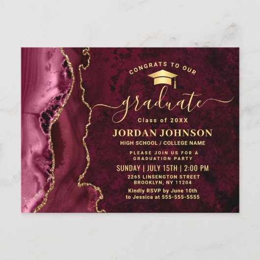 Modern Golden Burgundy Graduation Party Invitation Briefkaart (Voorkant)