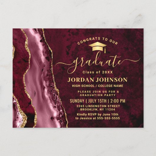 Modern Golden Burgundy Graduation Party Invitation Briefkaart (Voorkant)