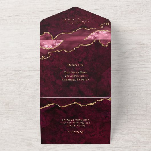Modern Golden Burgundy Marble Agate Wedding All In One Uitnodiging (Buitenkant)