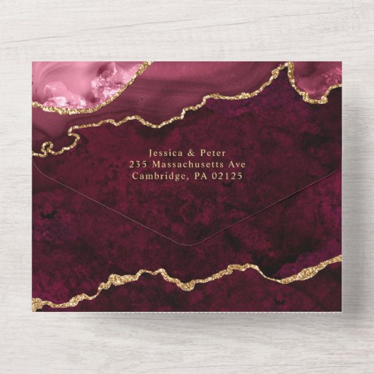 Modern Golden Burgundy Marble Agate Wedding All In One Uitnodiging (Achterkant)