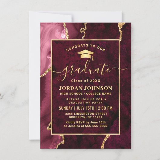 Modern Golden Burgundy Marble Graduation Party Kaart (Voorkant)