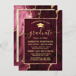 Modern Golden Burgundy Marble Graduation Party Kaart