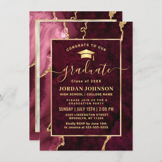 Modern Golden Burgundy Marble Graduation Party Kaart (Voorkant / Achterkant)