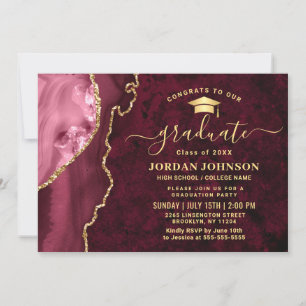 Modern Golden Burgundy Marble Graduation Party Kaart