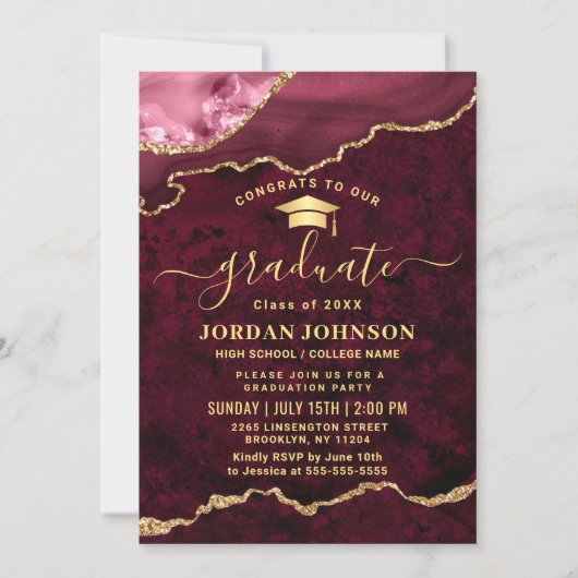 Modern Golden Burgundy Marble Graduation Party Kaart (Voorkant)