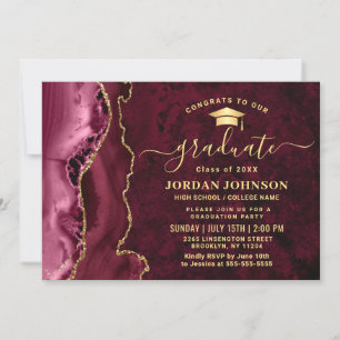 Modern Golden Burgundy Marble Graduation Party Kaart