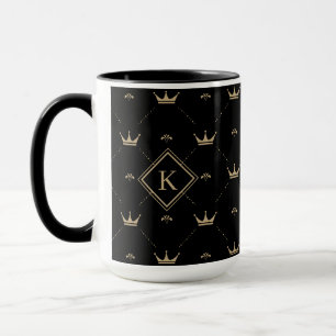 Modern Golden Crown Pattern Monogram Initiaal Zwar Mok