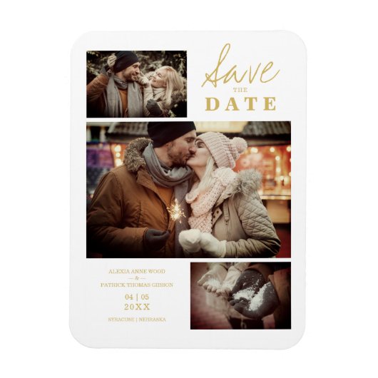 Modern Golden Effect 3 Aangepaste foto's bruiloft Magneet (Verticaal)