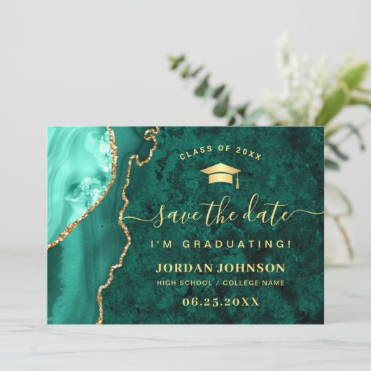 Modern Golden Emerald Marble Afstuderen QR-code Save The Date (Staand voorkant)