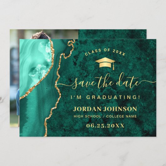 Modern Golden Emerald Marble Afstuderen QR-code Save The Date (Voorkant / Achterkant)