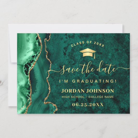 Modern Golden Emerald Marble Afstuderen QR-code Save The Date (Voorkant)