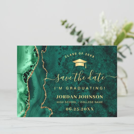 Modern Golden Emerald Marble Afstuderen QR-code Save The Date (Staand voorkant)
