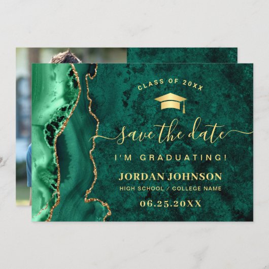 Modern Golden Emerald Marble Afstuderen QR-code Save The Date (Voorkant / Achterkant)
